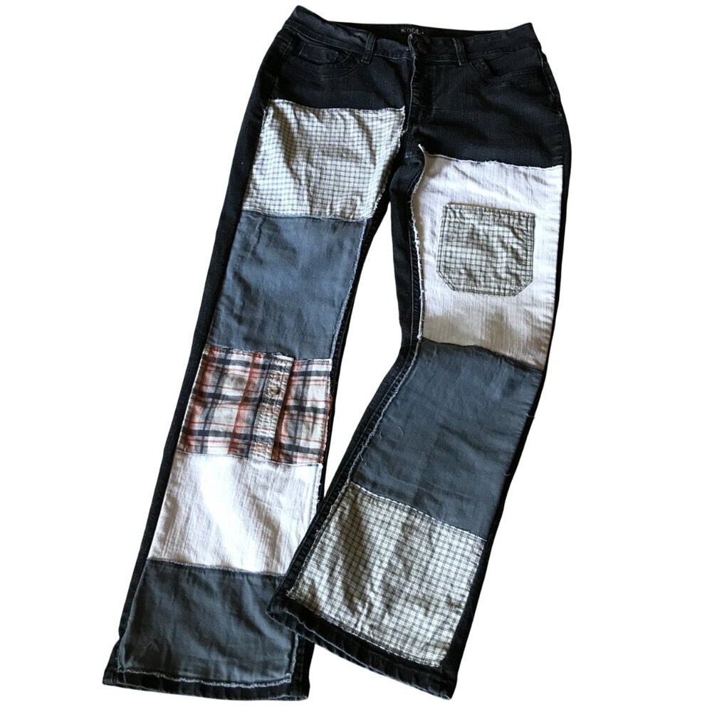 Upcycled Patchwork Jeans, Black Grunge Hippie Pants, Tattered Patches Size 12 M